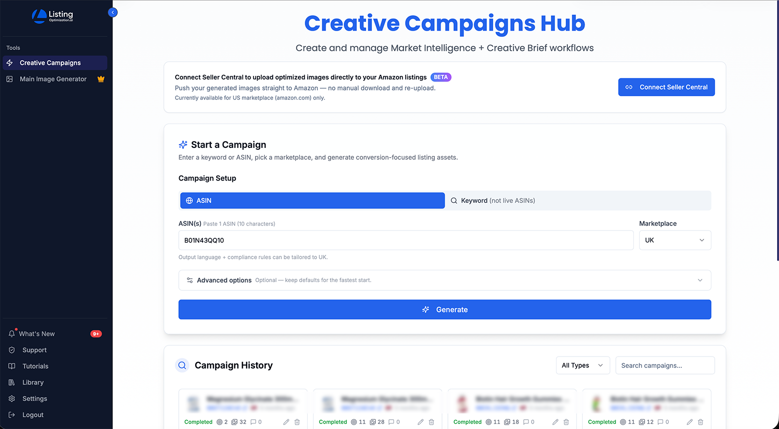 Listing Optimization AI: Creative campaigns hub